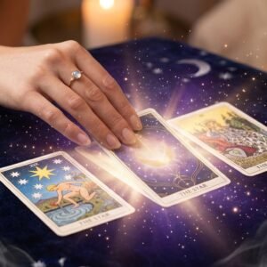 Luxury tarot card reading spiritual service image with glowing tarot cards, candlelight, and mystical guidance energy for clarity, love, and life insight